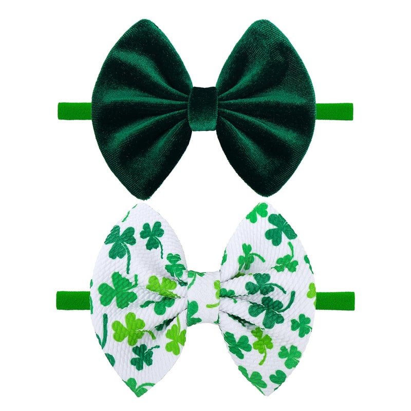 ONENINEDREAM St. Patrick's Baby Headbands Bows Velvet Baby Girl Shamrock Bows Green Leaves Nylon Headbands Newborn Hair Bow Toddler Infant Kids Hair Accessories - Image 1